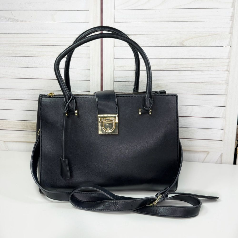 La Terre Multi Compartment Satchel Bag Handbag Purse Black‎ Large